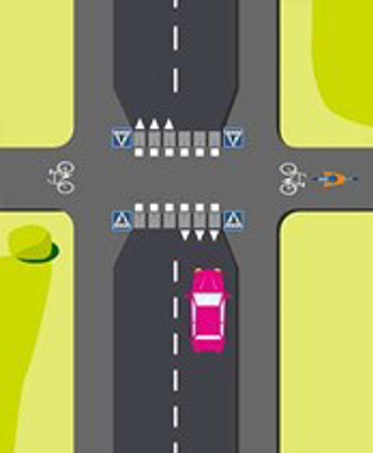 Vägmarkeringar för cykelöverfart. Illustration Transportstyrelsen.