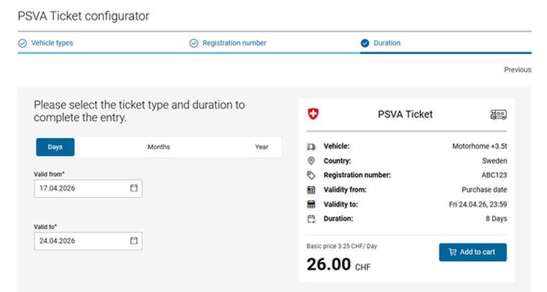 Köp PSVA online – välj dagar du kommer att resa i Schweiz, minsta avgift är 25 CHF.