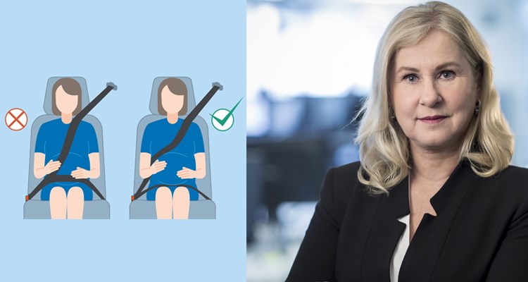 – Det är viktigt att vara noggrann med bältet, även om det kan upplevas obekvämt för dig som gravid, säger Heléne Lilja chef kommunikation och samhälle på Riksförbundet M Sverige.