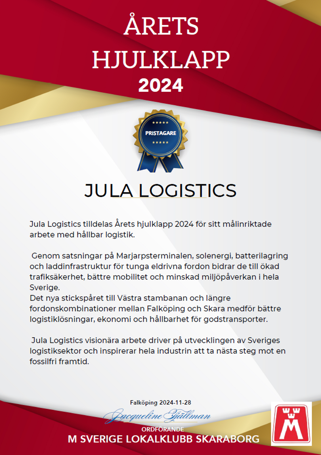 Årets hjulklapp 2024 tilldelas Jula Logistics