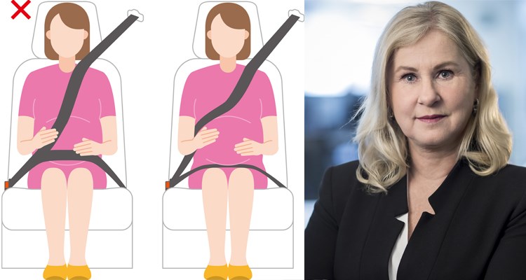 – Det är viktigt att vara noggrann med bältet, även om det kan upplevas obekvämt för dig som gravid, säger Heléne Lilja chef kommunikation och samhälle på Riksförbundet M Sverige.