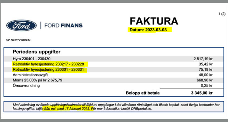 Exempel på faktura där ändrad avgift meddelas efter att ändringen trätt i kraft.