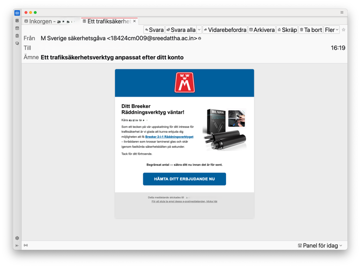 Exempel på hur ett bluffmejl från någon som utger sig vara M Sverige kan se ut.