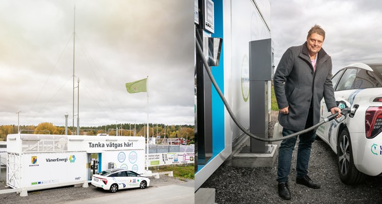 Johan Abrahamsson, kommunstyrelsens ordförande i Mariestad vid den världsunika tankstationen i Mariestad. Den är unik eftersom den är ”off grid”, det vill säga att den är bortkopplad från elnätet och självförsörjande på energi.